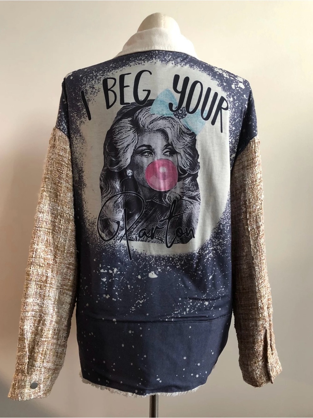 Upcycled Dolly Parton Jacket with Tweed Sleeves - Navy, Pink, Beige